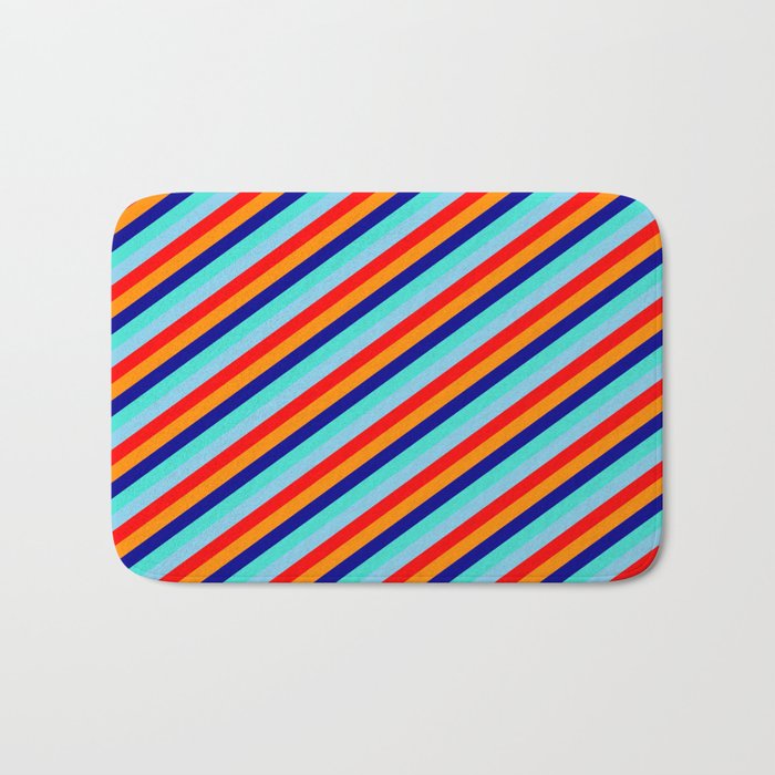 Vibrant Sky Blue, Red, Dark Orange, Dark Blue, and Turquoise Colored Striped/Lined Pattern Bath Mat