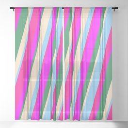[ Thumbnail: Vibrant Light Sky Blue, Deep Pink, Fuchsia, Sea Green, and Bisque Colored Stripes/Lines Pattern Sheer Curtain ]