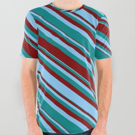 [ Thumbnail: Light Sky Blue, Dark Cyan & Maroon Colored Lined Pattern All Over Graphic Tee ]