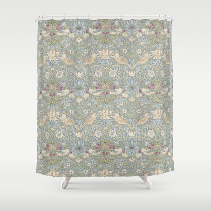 William Morris Vintage Strawberry Thief Blue Slate Vellum Shower Curtain