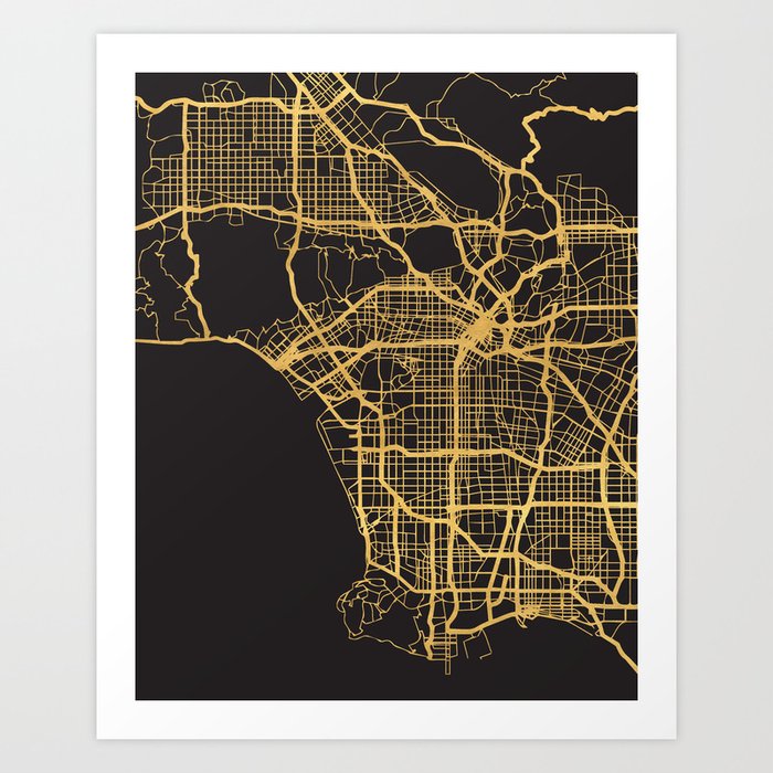 LOS ANGELES CALIFORNIA GOLD ON BLACK CITY MAP Art Print