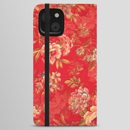 Country chic bright red pink vintage white floral iPhone Wallet Case