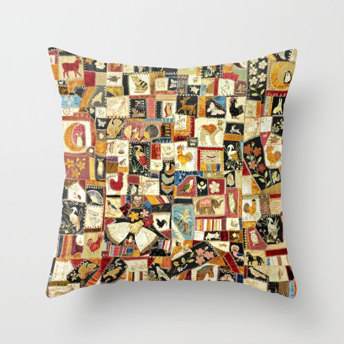 Vintage Multicolor Crazy Quilt with Animals Throw Pillow