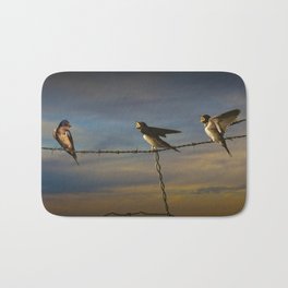 Barn Swallows on Barbwire Fence at Sunset Bath Mat | Song Bird, Color, Songster, Bird, Hirundo, Martin, Ornithology, Photo, Rustica, Barnswallow 