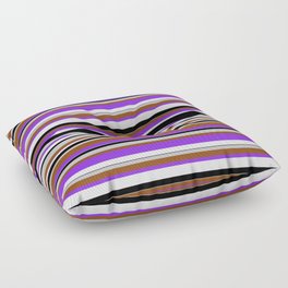 [ Thumbnail: Grey, Brown, Purple, Lavender & Black Colored Pattern of Stripes Floor Pillow ]