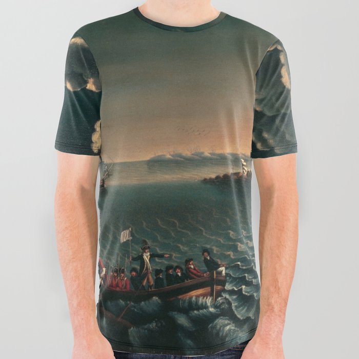 1620 Landing of the Mayflower Pilgrims at Plymouth Rock, Massachusetts nautical landscape painting by Michele Felice Cornè All Over Graphic Tee