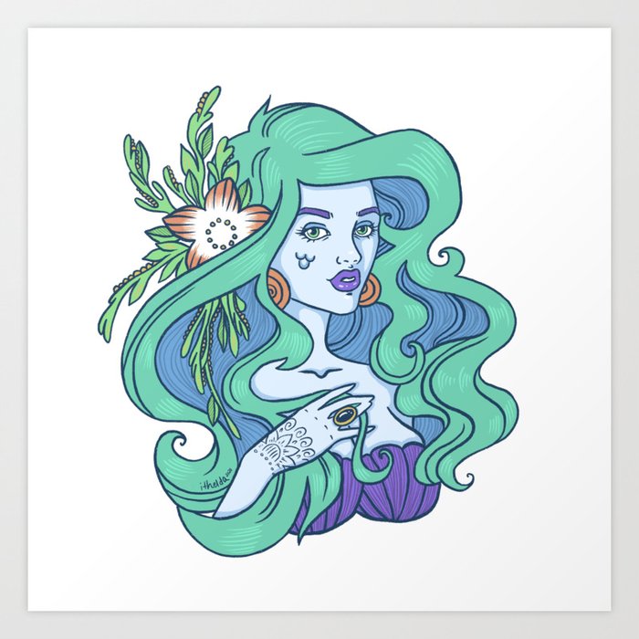 Mint-Haired Mermaid Art Print
