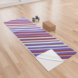 [ Thumbnail: Light Cyan, Slate Blue, and Brown Colored Lined/Striped Pattern Yoga Towel ]
