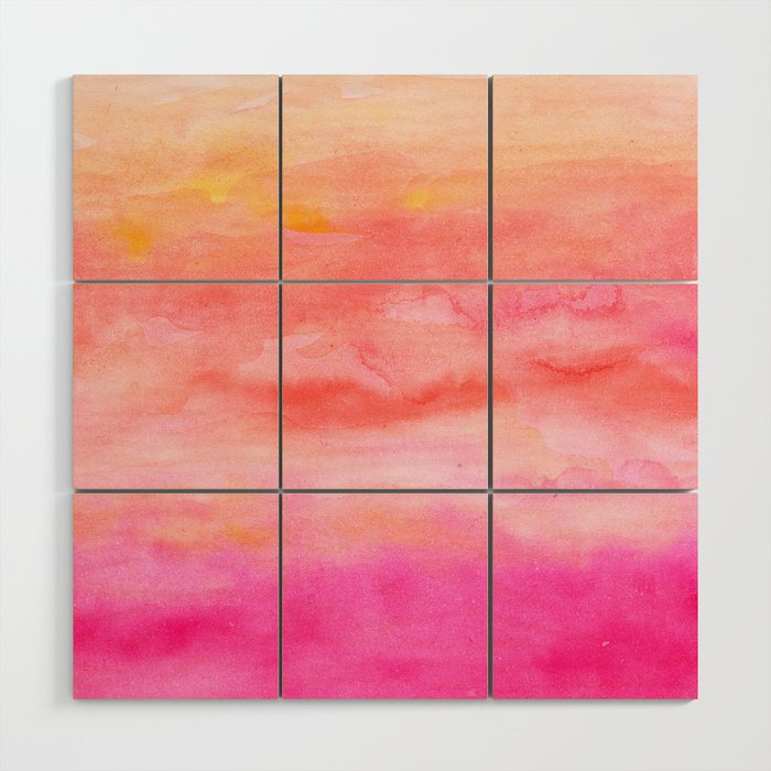 Bright pink orange sunset watercolor hand painted Wood Wall Art