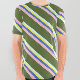 [ Thumbnail: Colorful Yellow, Royal Blue, Pink, Dark Olive Green, and Light Cyan Colored Lined/Striped Pattern All Over Graphic Tee ]