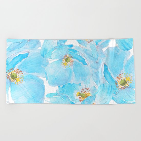 blue poppy pattern Beach Towel