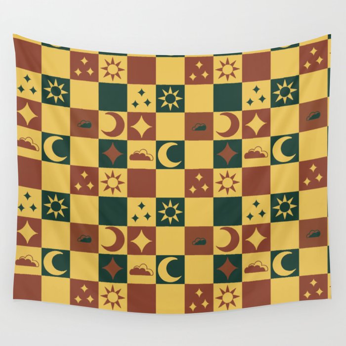 Medieval Celestial Banner Pattern in Green and Red Wall Tapestry