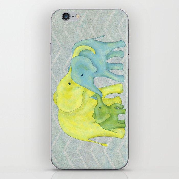 Elephant Family of Three in Yellow, Blue and Green iPhone Skin
