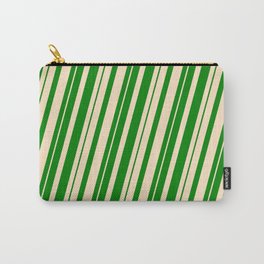 [ Thumbnail: Green & Bisque Colored Striped Pattern Carry-All Pouch ]