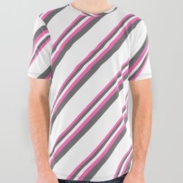 [ Thumbnail: Hot Pink, Dim Grey & White Colored Pattern of Stripes All Over Graphic Tee ]