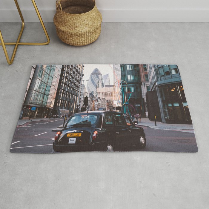 Great Britain Photography - Black Car Driving Through Downtown London Rug
