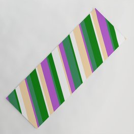 [ Thumbnail: Tan, Orchid, Sea Green, Green & White Colored Stripes/Lines Pattern Yoga Mat ]