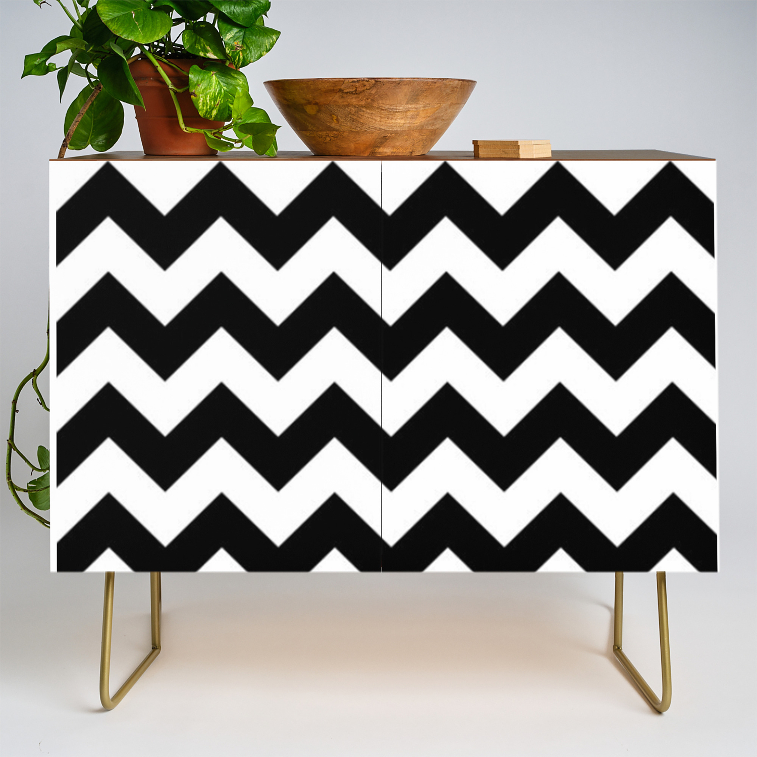 Black And White Chevron Pattern Thick Lined Zig Zag Credenza By