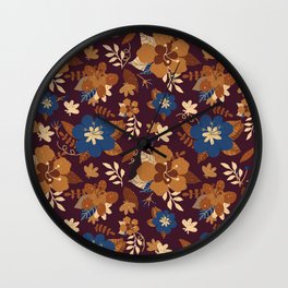 Hand-drawn floral pattern in retro orange and dark red colors Wall Clock