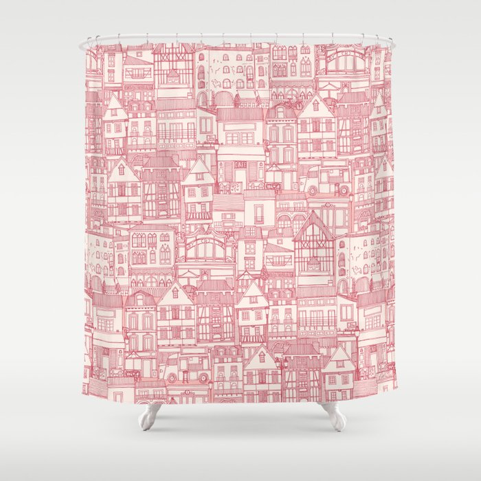 cafe buildings pink Shower Curtain