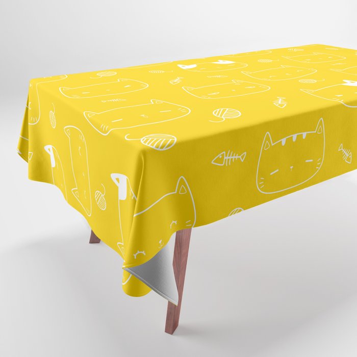 Yellow and White Doodle Kitten Faces Pattern Tablecloth