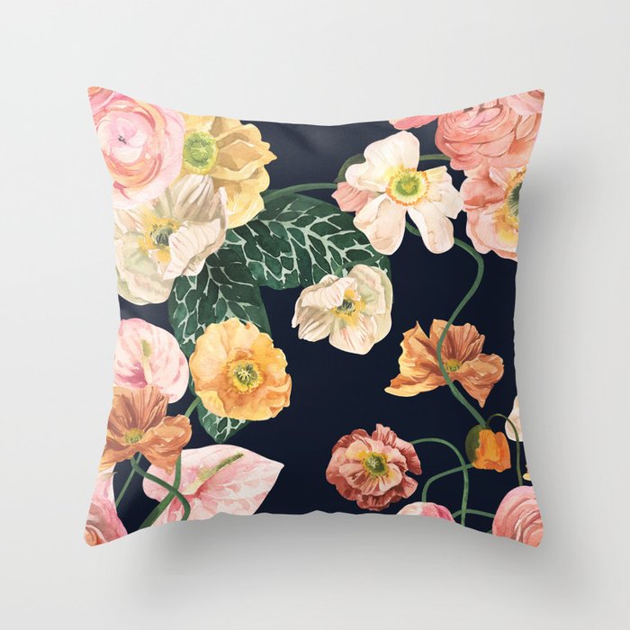 European Style Dark Navy and Pink Floral Watercolor  Throw Pillow