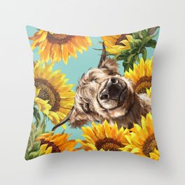 Highland Cow with Sunflowers in Blue Throw Pillow