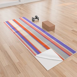 [ Thumbnail: Eye-catching Slate Blue, Grey, Beige, Salmon, and Red Colored Striped Pattern Yoga Towel ]