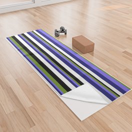 [ Thumbnail: Eye-catching Black, Green, Medium Slate Blue, Midnight Blue, and White Colored Stripes/Lines Pattern Yoga Towel ]