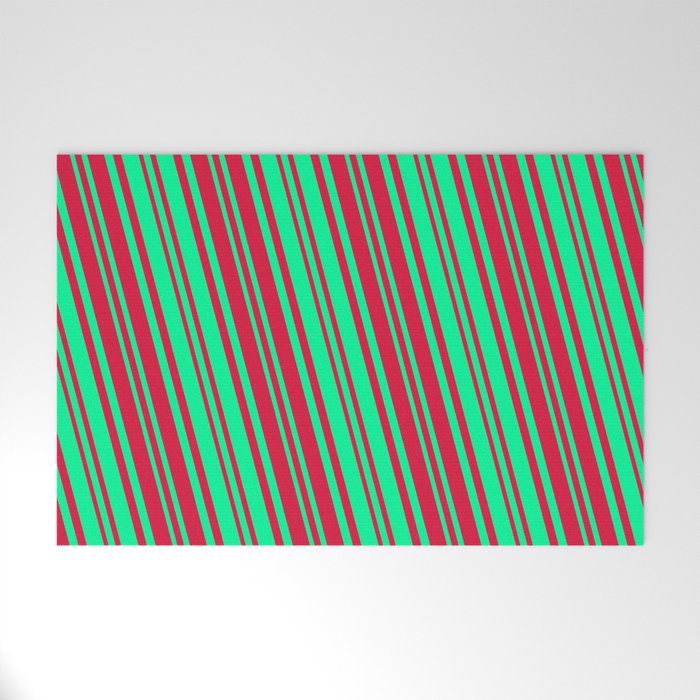 Crimson and Green Colored Lines/Stripes Pattern Welcome Mat