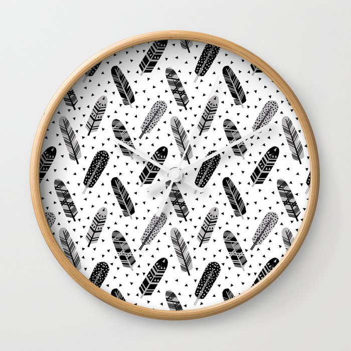 Feathers black and white triangle geometric modern trendy hipster boho southwest native style kids Wall Clock