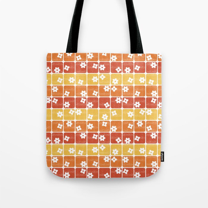  Orange Retro Square Flower Stripes Tote Bag