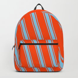 [ Thumbnail: Red and Sky Blue Colored Pattern of Stripes Backpack ]