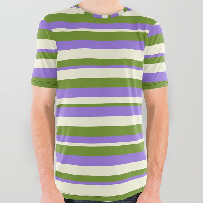 Green, Purple, and Beige Colored Lines Pattern All Over Graphic Tee