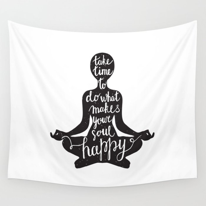 Meditation black silhouette with quote about time and soul on white background Wall Tapestry