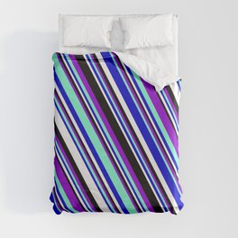 [ Thumbnail: Vibrant Dark Violet, Aquamarine, Blue, White, and Black Colored Striped/Lined Pattern Duvet Cover ]