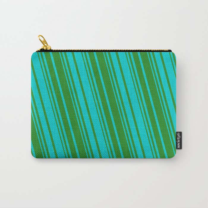 Forest Green & Dark Turquoise Colored Striped Pattern Carry-All Pouch