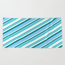 [ Thumbnail: Teal, Light Sky Blue, Turquoise & Mint Cream Colored Striped Pattern Beach Towel ]