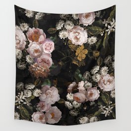 Antique Botanical Roses And  Chamomile Midnight Garden Wall Tapestry