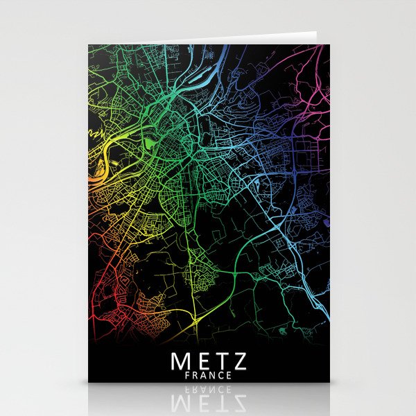 Metz, France, City, Map, Rainbow, Map, Art, Print Stationery Cards