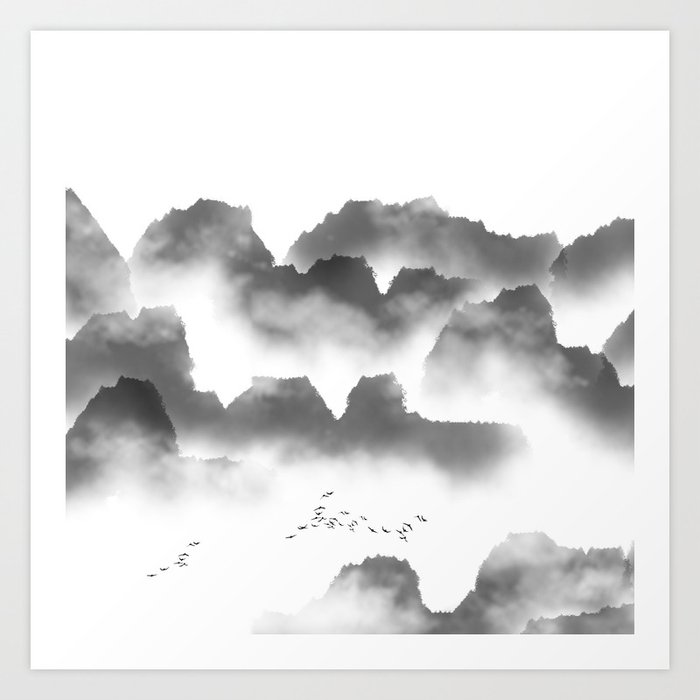 Abstract landscape misty mountain range black and white mural art print Abstract landscape misty mountain range black and white mural art print