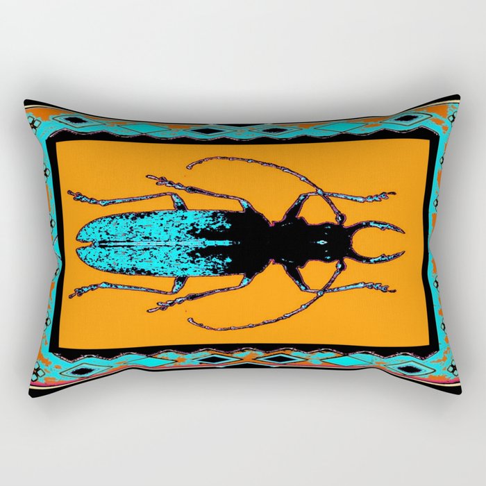 Black Turquoise Stag horn Beetle Western Art Abstract Rectangular Pillow