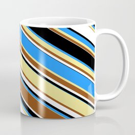 [ Thumbnail: Eyecatching Blue, Tan, Brown, White, and Black Colored Lined/Striped Pattern Coffee Mug ]