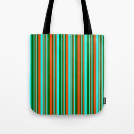 [ Thumbnail: Red, Cyan, and Dark Green Colored Lined/Striped Pattern Tote Bag ]