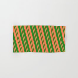 [ Thumbnail: Forest Green & Coral Colored Lines Pattern Hand & Bath Towel ]
