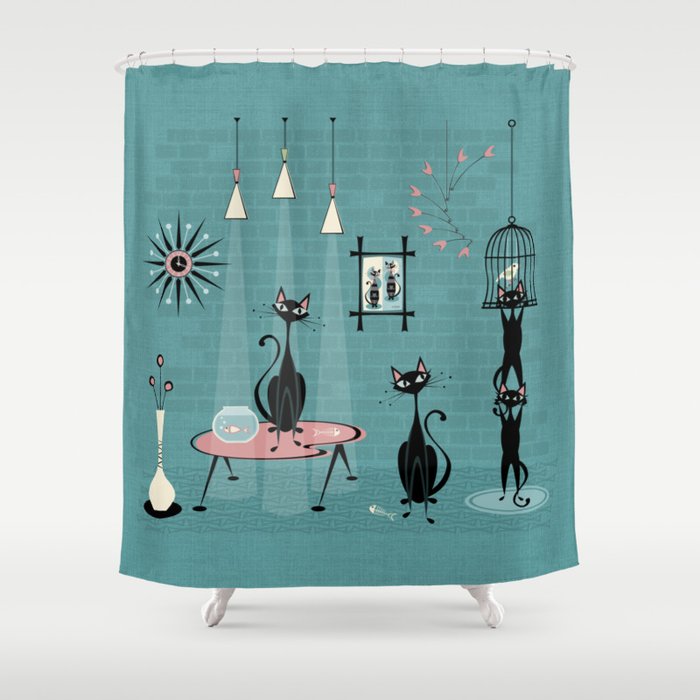 Mid Century Kitty Mischief - ©studioxtine Shower Curtain