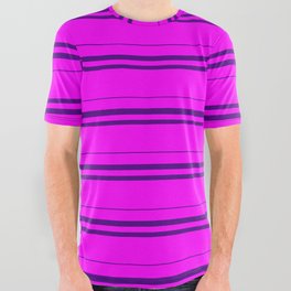 [ Thumbnail: Fuchsia and Indigo Colored Lined/Striped Pattern All Over Graphic Tee ]