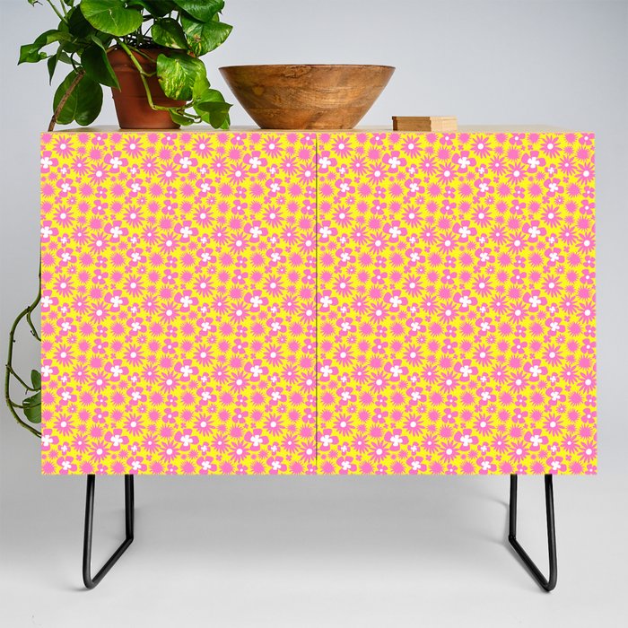 Retro Modern Bright Pink and Yellow Flowers Credenza