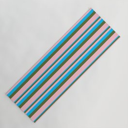 [ Thumbnail: Deep Sky Blue, Dark Olive Green & Pink Colored Lined/Striped Pattern Yoga Mat ]