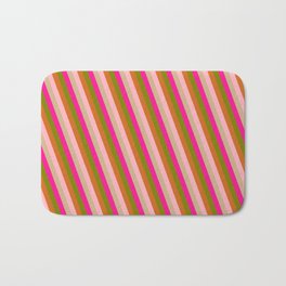 [ Thumbnail: Green, Chocolate, Light Pink, Tan, and Deep Pink Colored Lines/Stripes Pattern Bath Mat ]